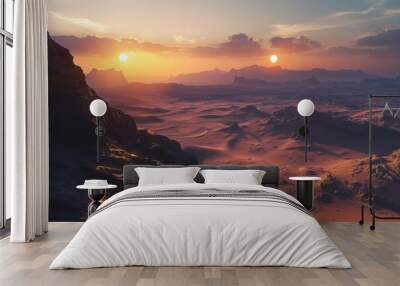 A surreal landscape featuring a vast desert under a mesmerizing sunset, complete with two suns casting an enchanting glow over the dunes and distant mountains. Wall mural