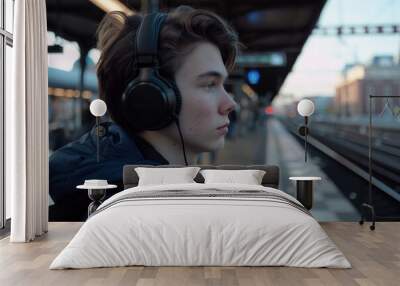 A teen boy wearing headphones looks away thoughtfully while waiting at a train station during twilight Wall mural