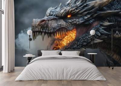 A terrifying dragon unleashes blazing fire from its mouth into the smoky air, capturing the raw power and ferocity of these mythical creatures in action. Wall mural