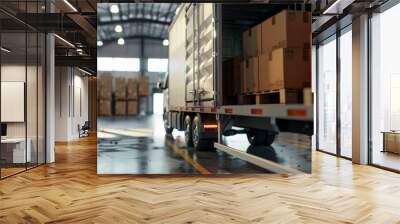 A trailer sits open in a well-lit warehouse loading dock, filled with various boxes, representing the crucial process of preparing goods for transport in a supply chain environment. Wall mural