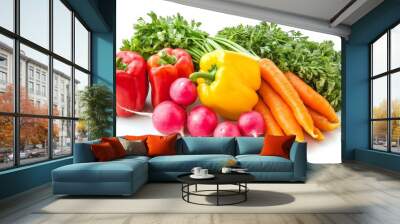 A vibrant collection of freshly harvested vegetables including red and yellow bell peppers, carrots, and radishes, showcasing the freshness and variety of produce. Wall mural