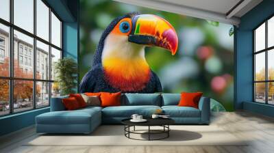 A vibrantly colored toucan perched amid lush green foliage, its strikingly colorful beak in sharp contrast with its surroundings, showcasing nature's brilliant palette. Wall mural