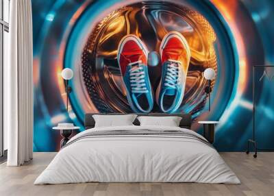 A visually striking image of red sneakers placed inside a washing machine, showcasing vibrant colors and an artistic take on everyday objects, emphasizing modern life. Wall mural