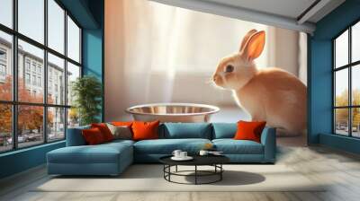 A young, fluffy rabbit sits poised by a window, illuminated by bright natural light, casting a gentle silhouette against a simple, clean indoor setting. Wall mural