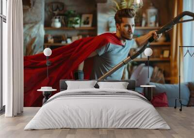 A young man dons a superhero costume and cape while using a vacuum cleaner in a home setting Wall mural