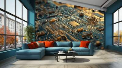 An intricate circuit board with glowing elements highlights technological advancement and innovation in electronic design and modern circuitry systems. Wall mural