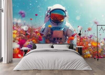 Astronaut picking beautiful flowers on a mesmerizing alien planet. Generative AI Wall mural