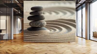 Carefully stacked Zen stones creating a sense of balance and calm in a tranquil sand garden with raked lines Wall mural