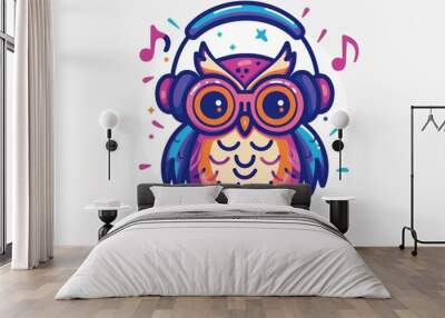 Charming cartoon owl with headphones and musical notes, radiating joy and a passion for music in a lively illustration Wall mural