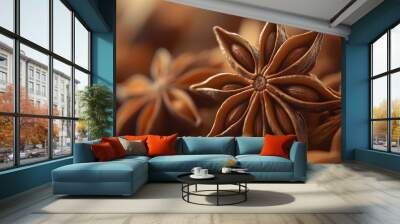 Close-up image emphasizing the detailed and beautiful star anise spice with its characteristic star shape and rich, warm brown hue in a macro perspective. Wall mural