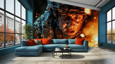 Dynamic image showcasing a soldier's silhouette amid the chaos of flying sparks and detailed military equipment Wall mural