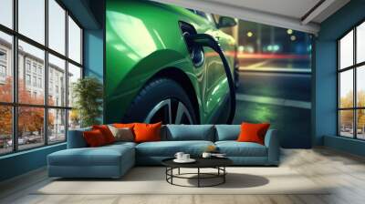 Electric car charging at a gas station in the city, industrial landscape, neon elements, healthy environment without harmful emissions. Eco concept Wall mural