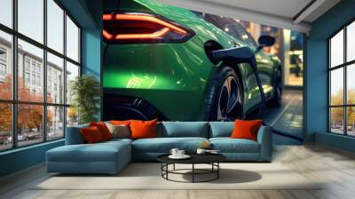 Electric car charging at a gas station in the city, industrial landscape, neon elements, healthy environment without harmful emissions. Eco concept Wall mural