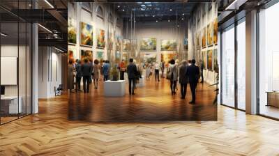 Group of people attend an art gallery with paintings Wall mural