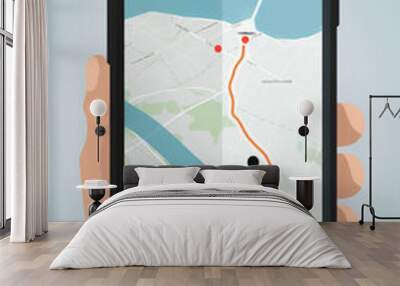 Hand holding smart phone with map gps navigation application on screen Wall mural