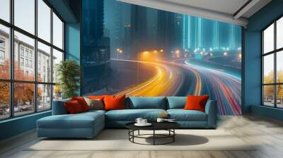 Highway traffic flowing through modern city at night Wall mural