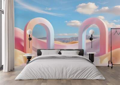 Image shows two pastel-colored arches on a circular platform in a desert-like landscape, with sand dunes and a colorful, dreamy sky with fluffy clouds. Wall mural