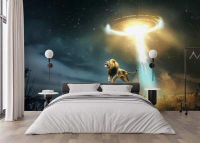 Lion escaping earth by ufo beam with lightning at night Wall mural