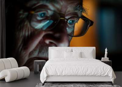 Partial view of an individual with glasses, emphasizing eye focus and reflection Wall mural