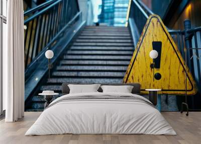 The image captures a yellow caution sign with an exclamation mark positioned at the bottom of a set of stone stairs, suggesting potential danger or caution for passersby. Wall mural