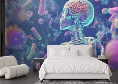 This artistic image presents a human skeleton with a brain, surrounded by various viruses and bacteria, symbolizing the interaction of the human body with diseases. Wall mural