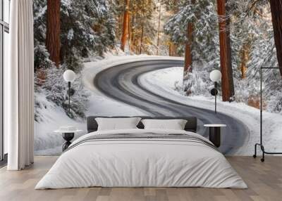 This idyllic snowy curve on a forested mountain road embodies the essence of winter travel, blending natural beauty and adventure in a single breathtaking scene. Wall mural