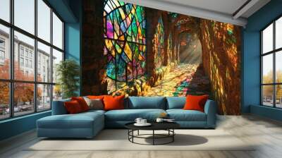 This image captures a corridor adorned with colorful stained glass windows, creating an enchanting passage filled with colorful light reflections dancing across the stone floor and walls. Wall mural