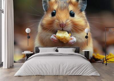 This image captures a hamster with its paws holding food. The close-up highlights its adorable features, conveying a sense of cuteness and innocence. Wall mural