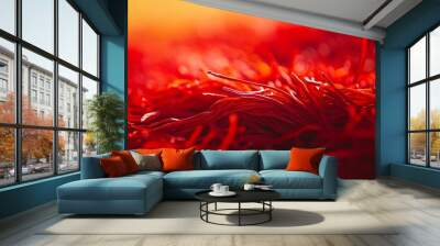 This image features a striking close-up of vivid red saffron threads, beautifully showcased against a warm, soft-focused background, highlighting their rich color and texture. Wall mural