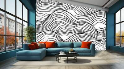 This image portrays a flowing wave pattern with thick black lines in motion, representing fluidity and movement with elegant curves forming a rhythmical abstract arrangement. Wall mural