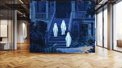 Three ghostly figures stand outside a spooky, overgrown mansion at night, with eerie blue lighting and shadows adding to the chilling atmosphere of the scene. Wall mural