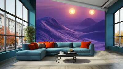 Twin suns grace the horizon of a surreal landscape, casting golden light over snow-draped dunes under a magnificent purple sky, creating a dreamy, ethereal scene. Wall mural