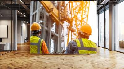 Two industrial workers, clad in safety helmets and reflective vests, work together thoughtfully at a bustling construction site filled with towering cranes in sunlight. Wall mural