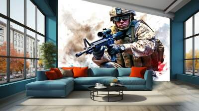 USA military force soldier in camouflage uniform and helmet with a weapon with the national flag behind. Generative AI Wall mural