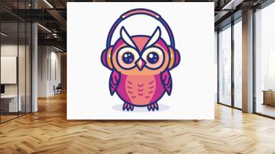 Vibrant illustration of a cute cartoon owl wearing headphones, depicting a whimsical take on enjoying music or representing a dj Wall mural