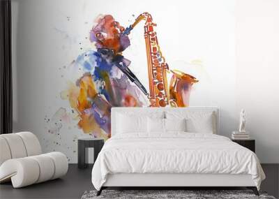 Watercolor painting captures a passionate saxophonist engrossed in music, face omitted Wall mural