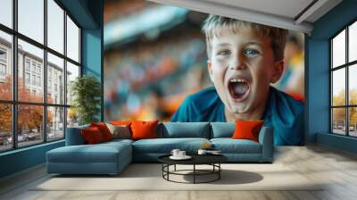 Young football fan cheering loudly at stadium, expressing excitement and joy Wall mural