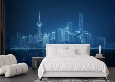 Digital city skyline of Shanghai Wall mural