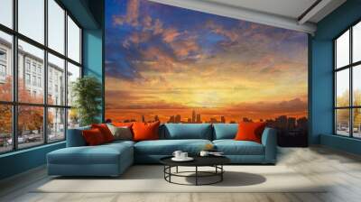 Background of orange sky with clouds and sunset in city. Wall mural