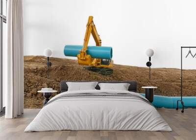 Crawler Excavator is digging soil in  construction site with pipeline work on isolated white backgrounds. Wall mural