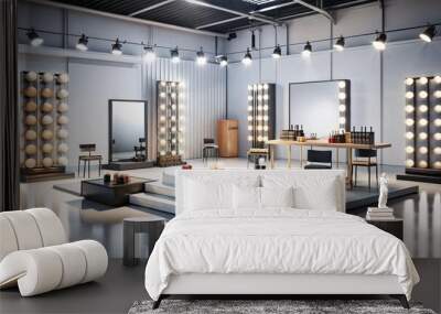 A modern, sleek makeup studio with gleaming white floors, three vanity mirrors with rows of lightbulbs, three rows of platform steps, a table with makeup supplies, and two black chairs, Wall mural