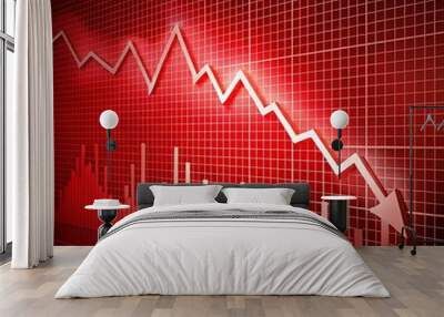 The image contains a red and white downward trending line graph with a large arrow pointing down. The graph is depicted on a red grid background. The graph line is thick and white, while the backgrou Wall mural