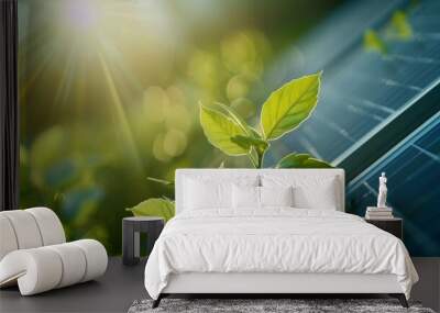 Green energy concept, solar panel leaves growing on a plant, sustainable power metaphor Wall mural