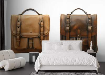 Two vintage leather bags with buckles and straps, one brown and one tan, transparent background png Wall mural