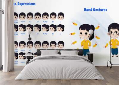 A Angry girl cartoon character creation set with lip sync and hand gesture.Angry girl cartoon character front and 1/3 standing pose. Wall mural