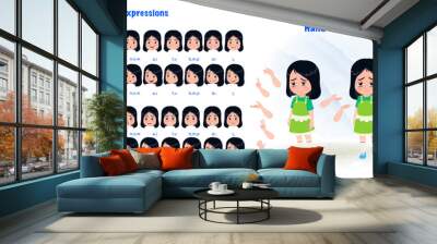 A cute little tired girl cartoon character creation set with lip sync and hand gesture. Tired girl cartoon character front and 1/3 standing pose. Wall mural