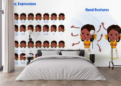 A Indian annoyed girl cartoon character creation set with lip sync and hand gesture. Annoyed girl cartoon character front and 1/3 standing pose. Wall mural