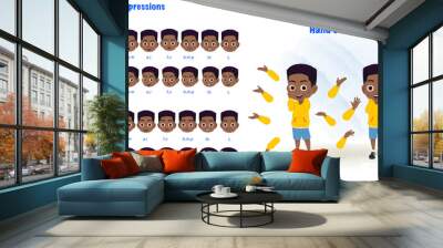 African little excited boy cartoon character creation set with lip sync and hand gesture. Excited boy cartoon character front and 1/3 standing pose Wall mural