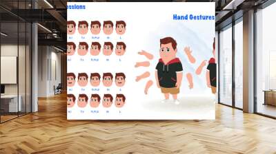 Set of fat boy character design .Cartoon character model sheet. Cartoon character creation set with sad face expression and all hand gesture. Front sad standing pose and 1/3 standing pose.  Wall mural