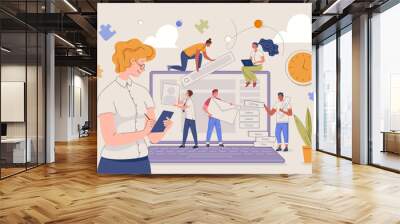 Business start-up. Team of programmers is working on web development of sites and applications on computer. Vector flat cartoon illustration with people characters. Wall mural